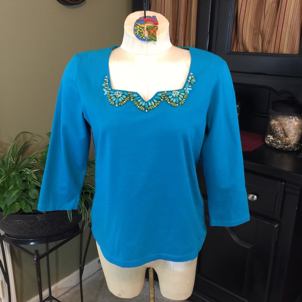 Ruby Rd. Petite Teal Knit Top w/Beading Size PM